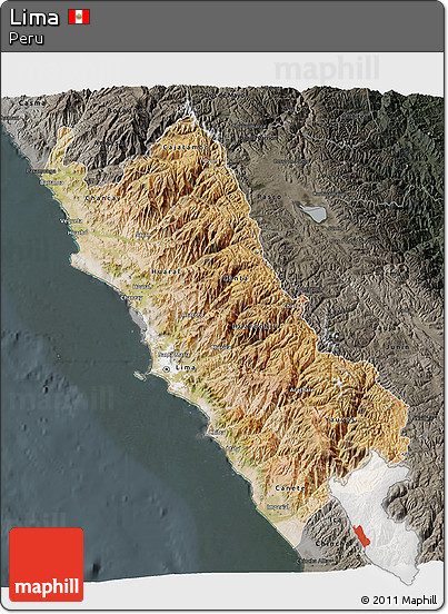 Satellite 3D Map of Lima, darken, semi-desaturated