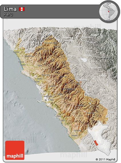 Satellite 3D Map of Lima, lighten, semi-desaturated