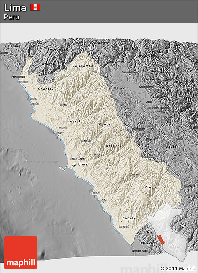 Shaded Relief 3D Map of Lima, darken, desaturated