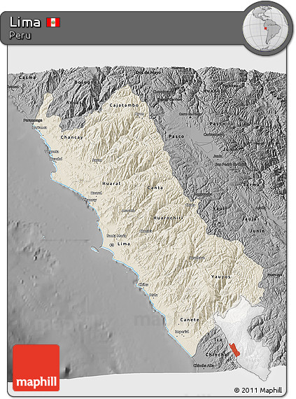 Shaded Relief 3D Map of Lima, darken, desaturated