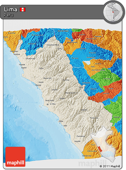 Shaded Relief 3D Map of Lima, political outside
