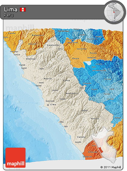 Shaded Relief 3D Map of Lima, political shades outside