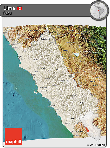 Shaded Relief 3D Map of Lima, satellite outside