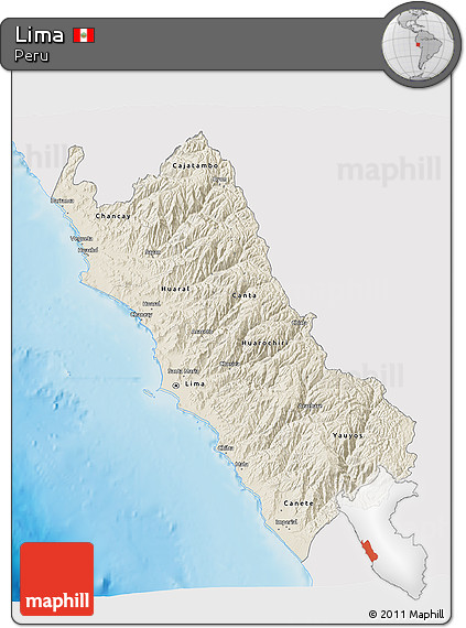 Shaded Relief 3D Map of Lima, single color outside