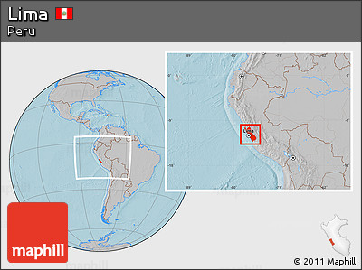 Gray Location Map of Lima, within the entire country, hill shading