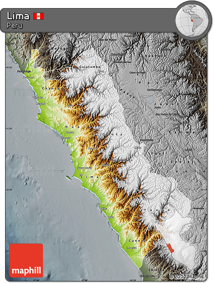Physical Map of Lima, darken, semi-desaturated