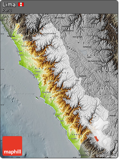 Physical Map of Lima, darken, semi-desaturated