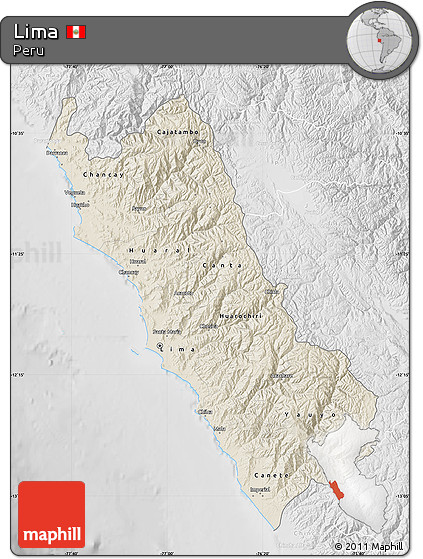 Shaded Relief Map of Lima, lighten, desaturated
