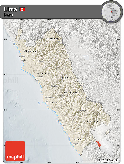 Shaded Relief Map of Lima, lighten, semi-desaturated