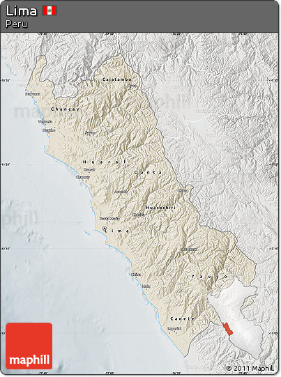 Shaded Relief Map of Lima, lighten, semi-desaturated