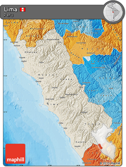 Shaded Relief Map of Lima, political shades outside