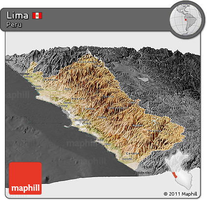 Satellite Panoramic Map of Lima, darken, desaturated