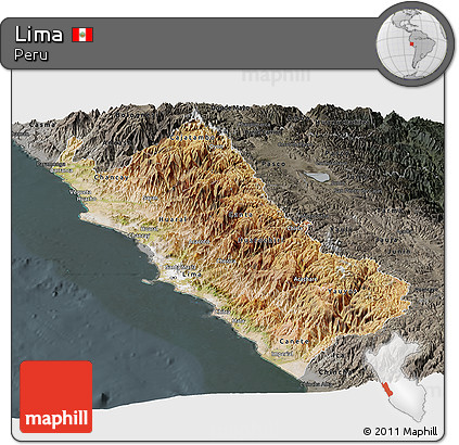 Satellite Panoramic Map of Lima, darken, semi-desaturated