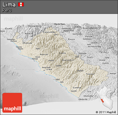 Shaded Relief Panoramic Map of Lima, desaturated