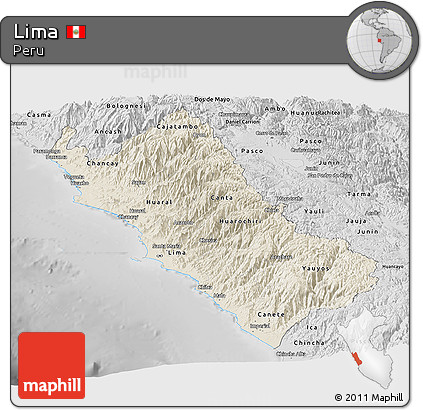 Shaded Relief Panoramic Map of Lima, desaturated