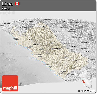 Shaded Relief Panoramic Map of Lima, desaturated