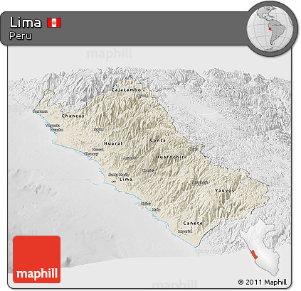 Shaded Relief Panoramic Map of Lima, lighten, desaturated