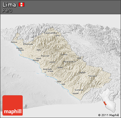 Shaded Relief Panoramic Map of Lima, lighten, desaturated