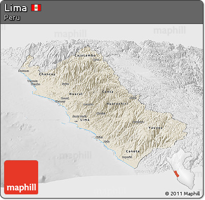 Shaded Relief Panoramic Map of Lima, lighten, desaturated