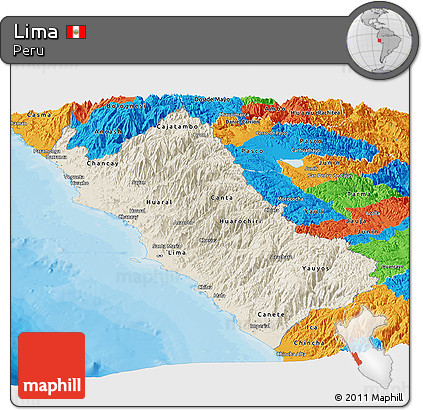Shaded Relief Panoramic Map of Lima, political outside