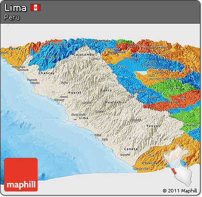 Shaded Relief Panoramic Map of Lima, political outside