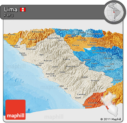 Shaded Relief Panoramic Map of Lima, political shades outside