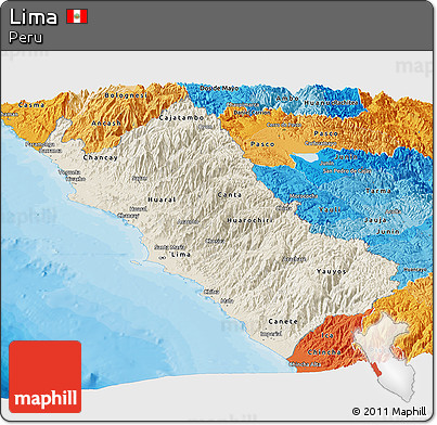 Shaded Relief Panoramic Map of Lima, political shades outside