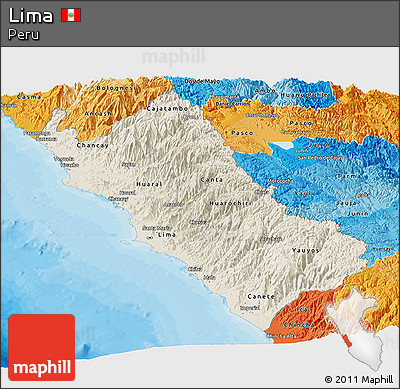 Shaded Relief Panoramic Map of Lima, political shades outside