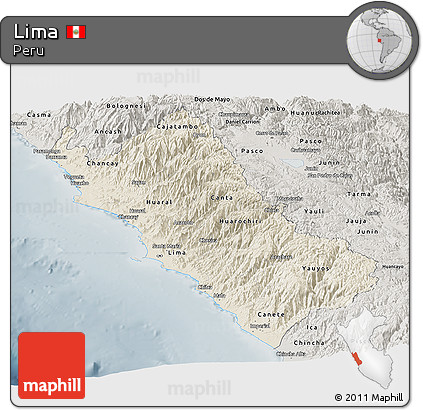 Shaded Relief Panoramic Map of Lima, semi-desaturated