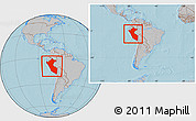 Gray Location Map of Peru, within the entire continent, hill shading