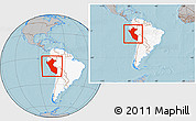 Gray Location Map of Peru, highlighted continent, within the entire continent, hill shading