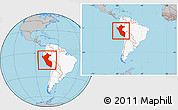 Gray Location Map of Peru, highlighted continent, within the entire continent