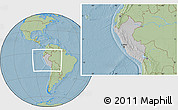 Gray Location Map of Peru, savanna style outside, hill shading