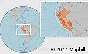 Political Location Map of Peru, gray outside, hill shading