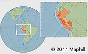 Political Location Map of Peru, savanna style outside, hill shading