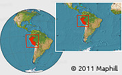 Satellite Location Map of Peru, within the entire continent