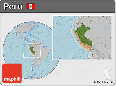 Satellite Location Map of Peru, gray outside, hill shading