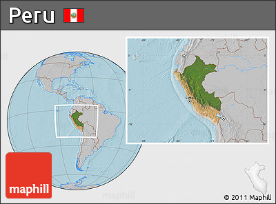 Satellite Location Map of Peru, gray outside, hill shading