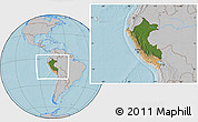 Satellite Location Map of Peru, gray outside, hill shading
