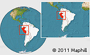Satellite Location Map of Peru, highlighted continent, within the entire continent