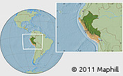 Satellite Location Map of Peru, savanna style outside, hill shading