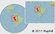 Savanna Style Location Map of Peru, within the entire continent, hill shading