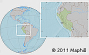 Savanna Style Location Map of Peru, gray outside, hill shading