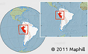 Savanna Style Location Map of Peru, highlighted continent, within the entire continent, hill shading
