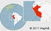 Savanna Style Location Map of Peru, highlighted continent, hill shading