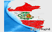 Flag Panoramic Map of Peru, single color outside, bathymetry sea, flag aligned to the middle