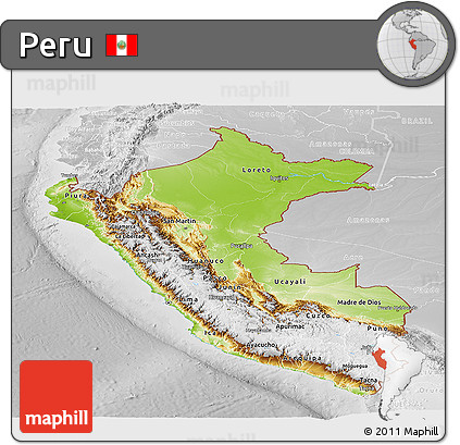 Physical Panoramic Map of Peru, lighten, desaturated