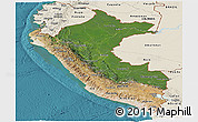 Satellite Panoramic Map of Peru, shaded relief outside, satellite sea