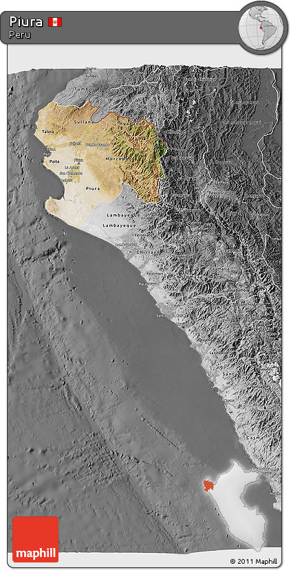 Satellite 3D Map of Piura, desaturated