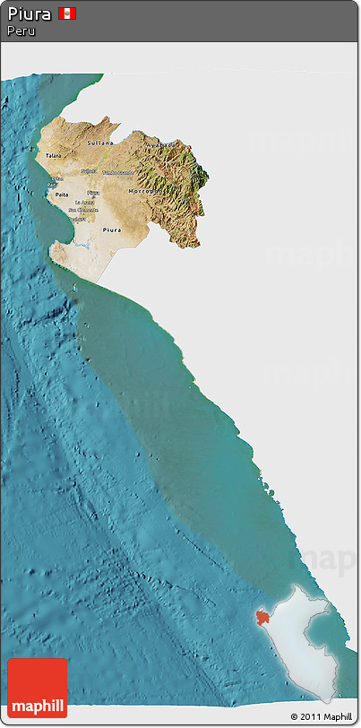 Satellite 3D Map of Piura, single color outside